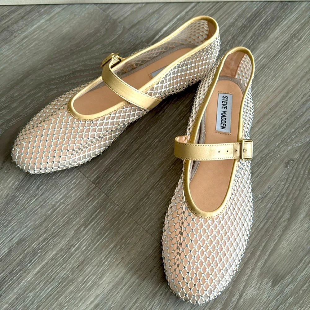 Steve Madden Gold & Nude Mesh Mary Jane Flats - Picture 1 of 9